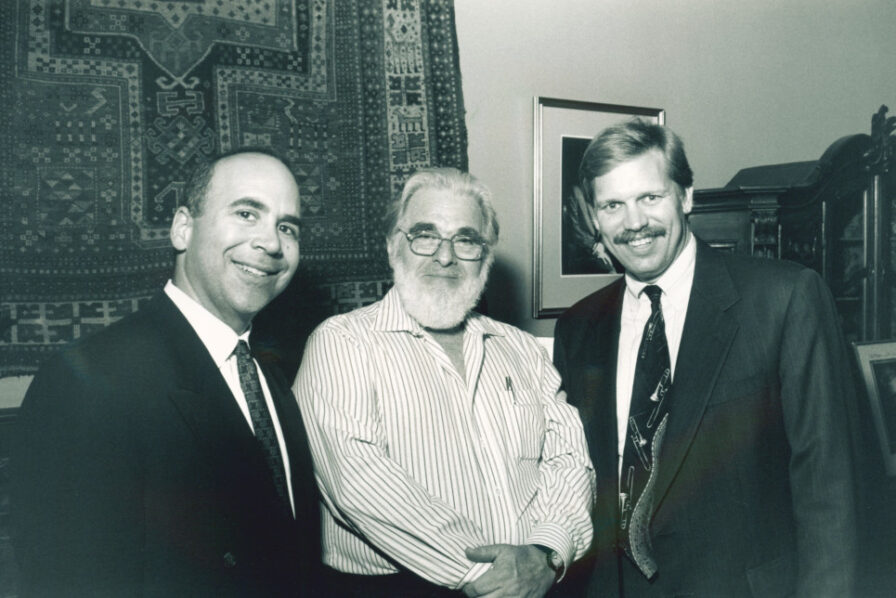 Trombone alumni Joseph Alessi (’81), Glenn Dodson (’53), and Blair Bollinger (’86) after a tribute concert for Dodson in 1998. (Jean Brubaker, courtesy of Curtis Archives)