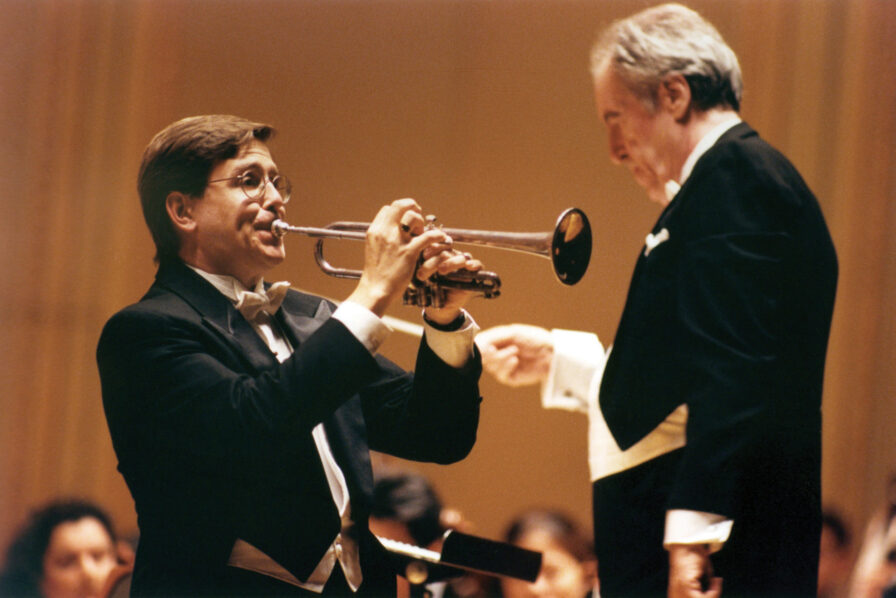Otto-Werner Mueller conducts David Bilger with the Curtis Symphony Orchestra. (Don Tracy, courtesy of Curtis Archives)